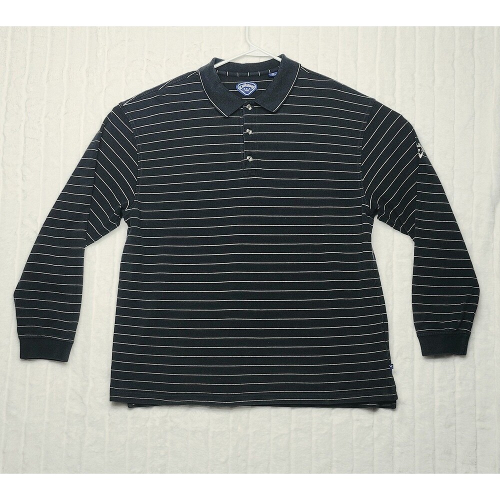 Callaway Golf Men's XL Black White Striped Long Sleeve Polo Shirt Cotton Pique